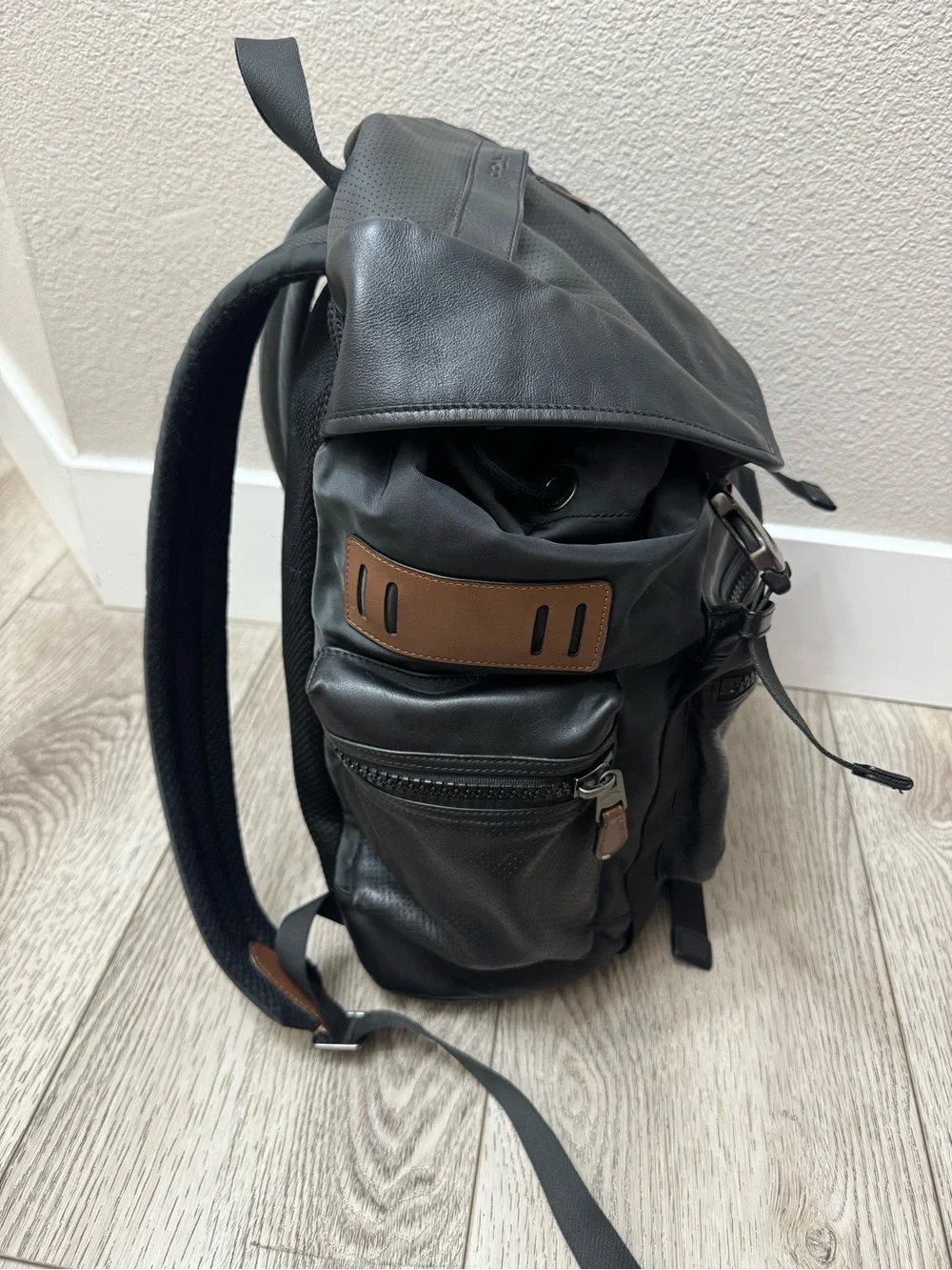 Coach Terrain Trek Backpack Perforated Leather Nylon Bag Black F57477